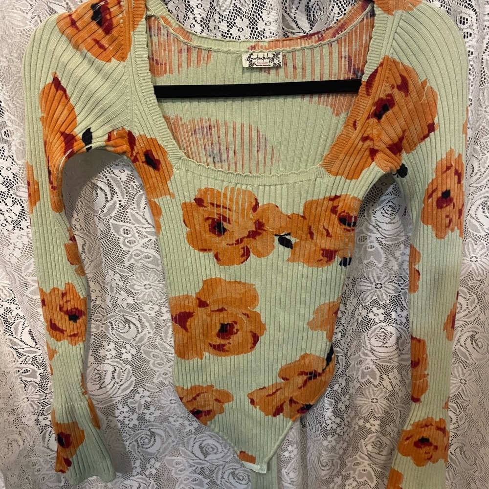 Free People floral ribbed knit bodysuit in sage green and coral